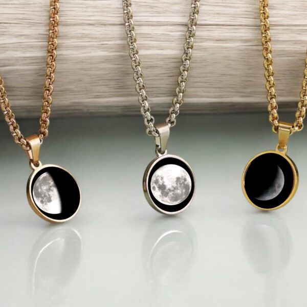A collection of Custom Moon Phase Necklaces, each capturing your favorite lunar moment with stunning moon imagery.