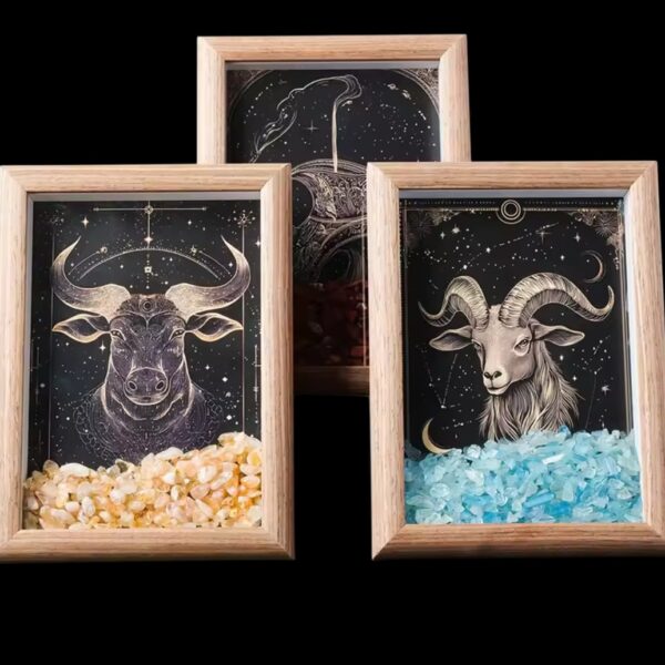 The Zodiac Crystal Frame – Astrology Wall Art with Healing Crystals features Taurus (yellow crystals), Capricorn (blue stones), and Cancer (red stones) on a black starry background, each showcasing its astrological constellation.