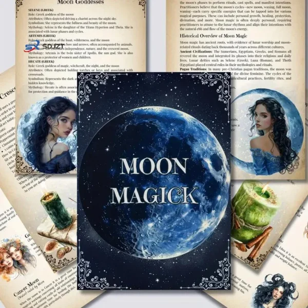 A book titled Moon Magick with an ornate full-moon cover is surrounded by illustrated pages featuring women with mystical appearances, moon-themed artwork, and magical objects like candles and scrolls.