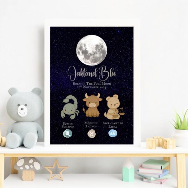 A framed print with a full moon and starry night sky, featuring cute cartoon animals representing zodiac signs: a scorpion (Scorpio), a bull (Taurus), and a bear (Libra). Baby items are arranged on the shelf below.
