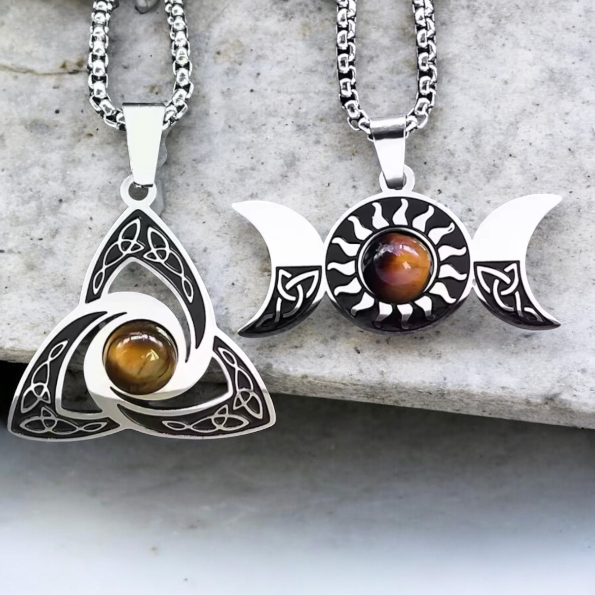 Stainless Steel Tiger’s Eye Necklace – Triple Moon Goddess or Celtic Triquetra Pendant