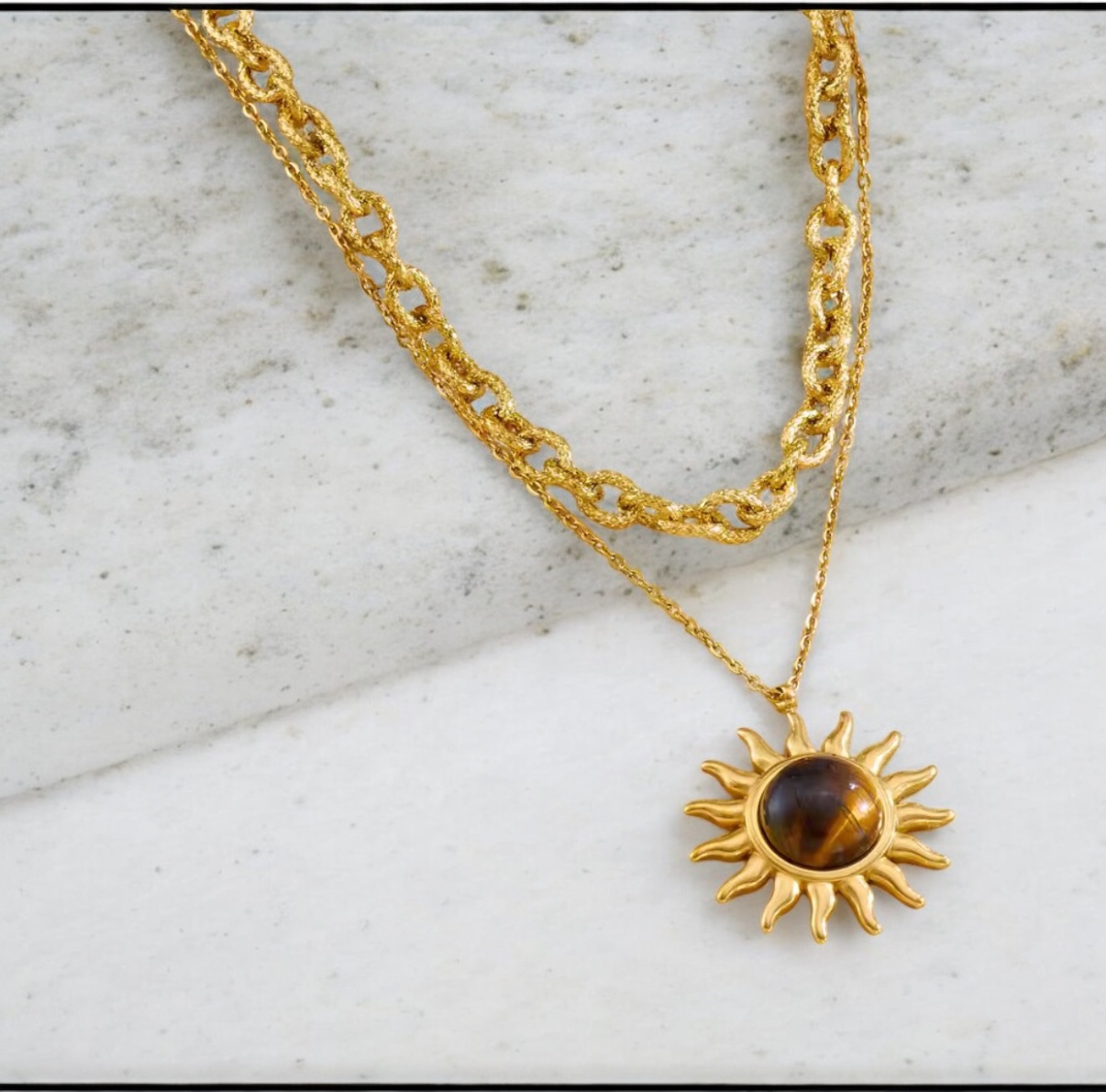 Tiger’s Eye Sun Necklace – Gold Plated Stainless Steel Double Chain Layered Necklace, Protective Solar Pendant
