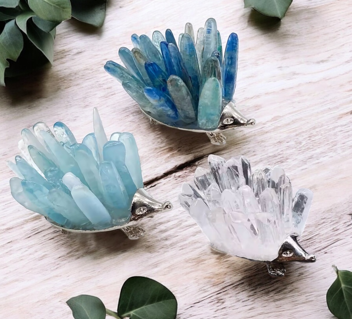 Crystal Echidna Figurines – Aquamarine, Clear Quartz & Blue Kyanite