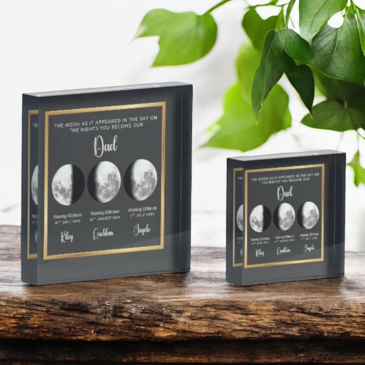 Two acrylic photo blocks display images of the moon’s phases on specific dates, labeled with names and descriptions. The blocks are set on a wooden surface next to green leafy plants.