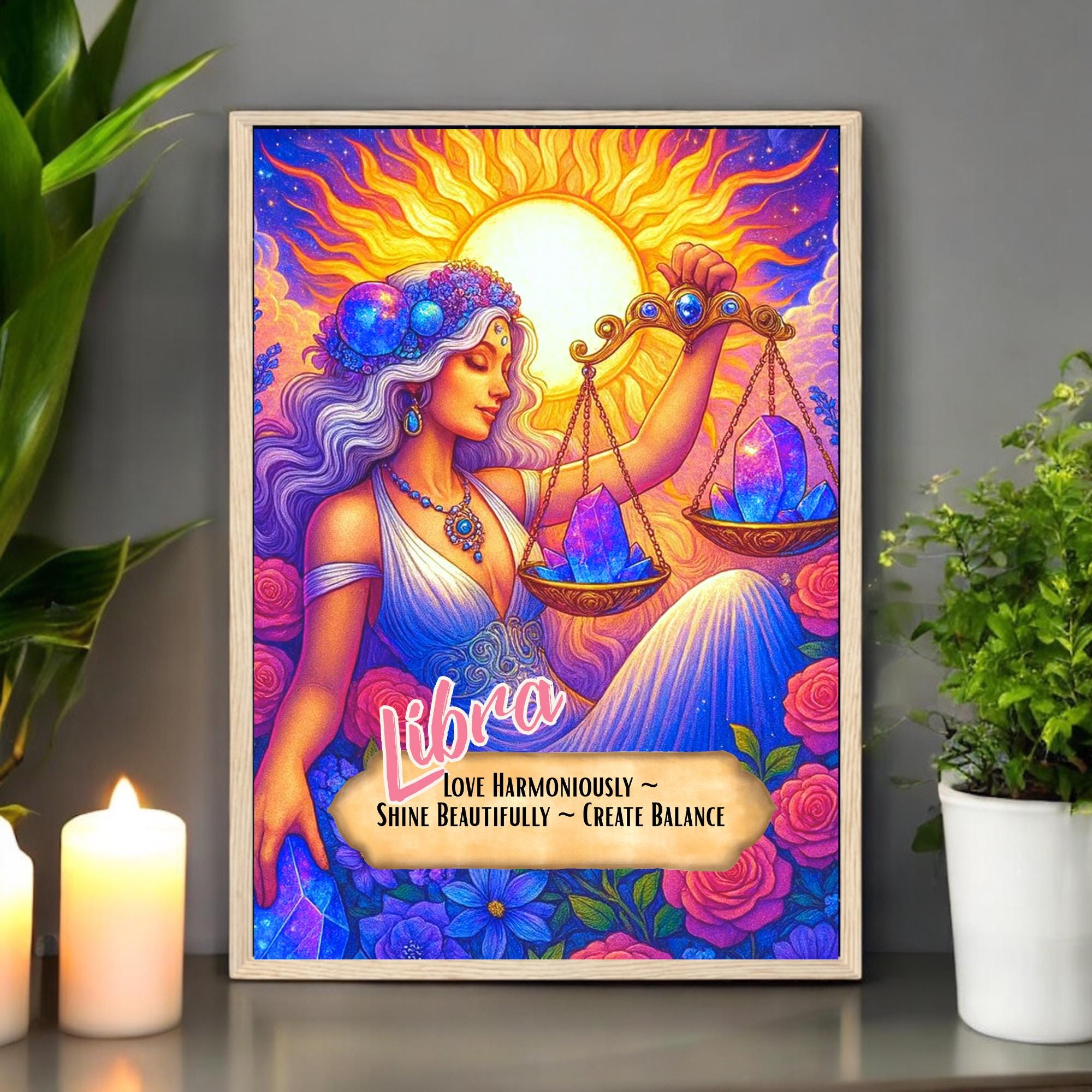 A vibrant framed artwork of a goddess-like woman with long flowing hair holding jeweled scales, representing Libra, surrounded by flowers, candles, and plants. Text reads: “Libra: Love Harmoniously ~ Shine Beautifully ~ Create Balance.”.