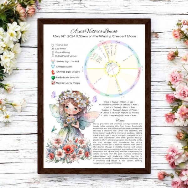 A framed birth chart sits on a white wooden table with flowers. The chart features a fairy illustration, zodiac symbols, a colorful astrology wheel, and personalized birth details for a child named Anna Victoria Lema.