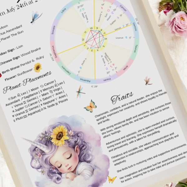 A pastel illustration of a chart with astrological symbols and a horoscope wheel, accompanied by whimsical butterflies and a cute, fantasy-style unicorn girl with flowers in her hair. Flowers rest beside the image.