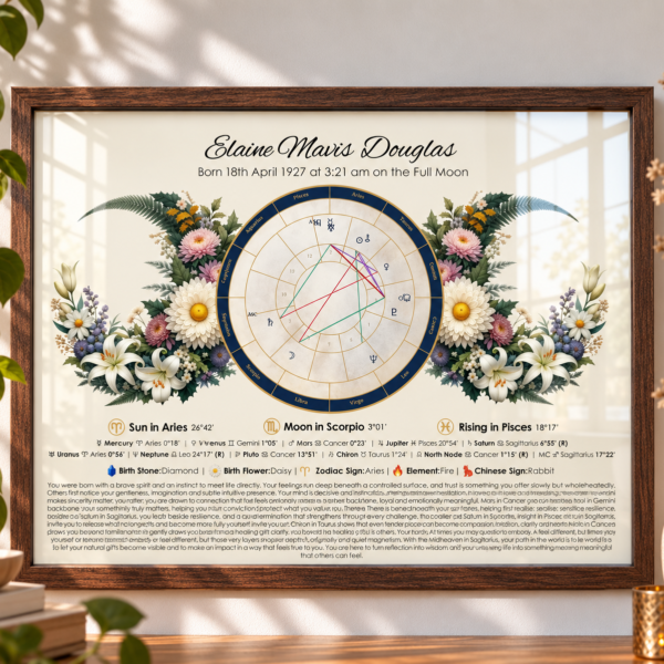 Custom triple moon birth chart featuring lilys and daisyies in a dark wood frame