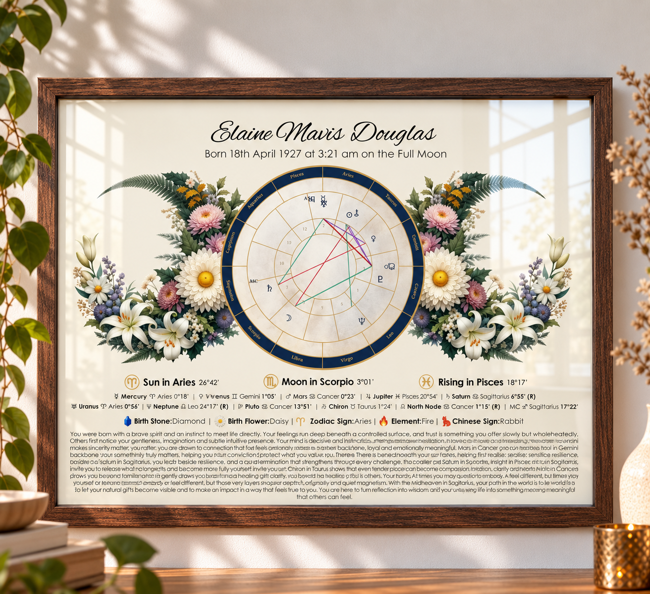 Custom triple moon birth chart featuring lilys and daisyies in a dark wood frame