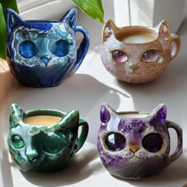 Crystal Cat Mug – 350ml Resin Gemstone Coffee Cup | Blue, Pink, Green, Purple