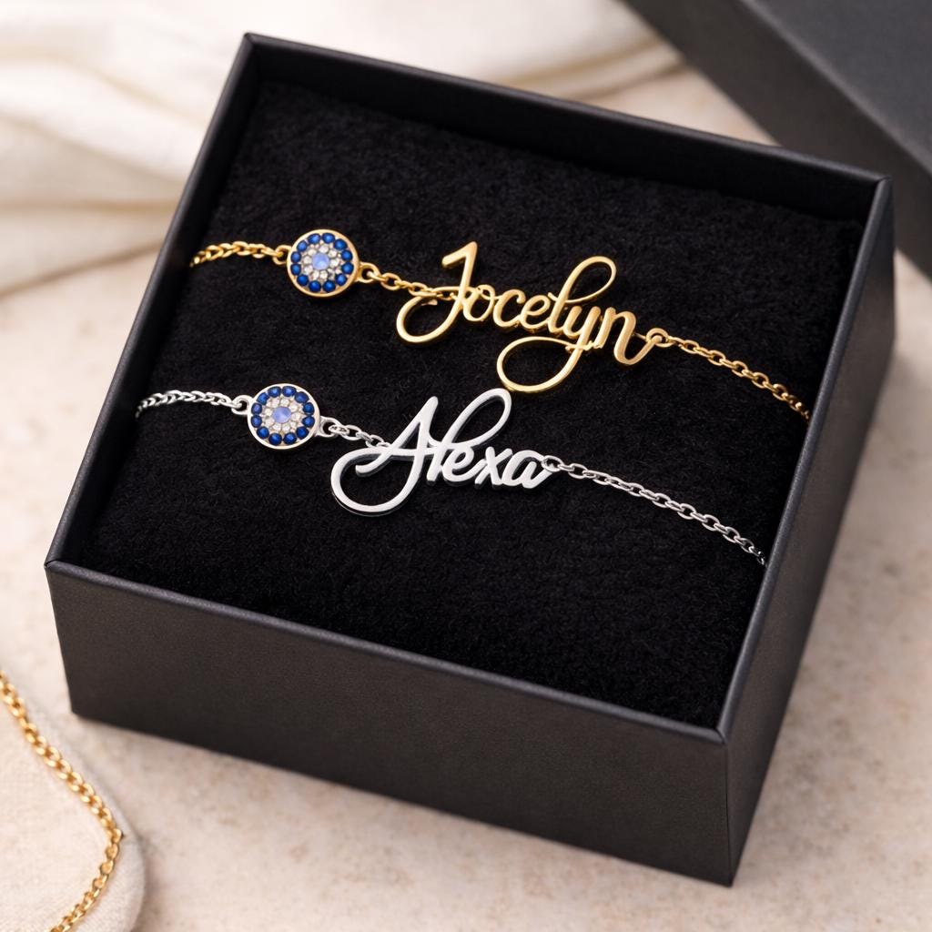 Personalised Name Bracelet with Evil Eye Charm