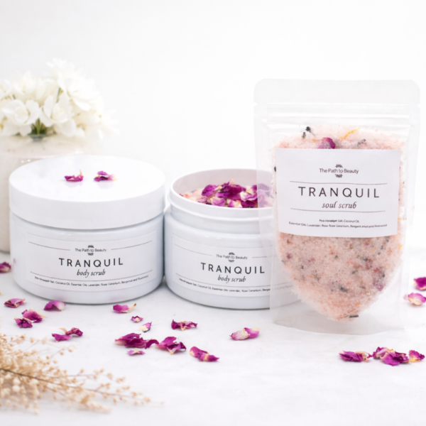 Tranquil Body Scrub – Handmade Himalayan Salt & Essential Oil Exfoliating Scrub (Lavender, Rose Geranium, Bergamot & Rosewood)