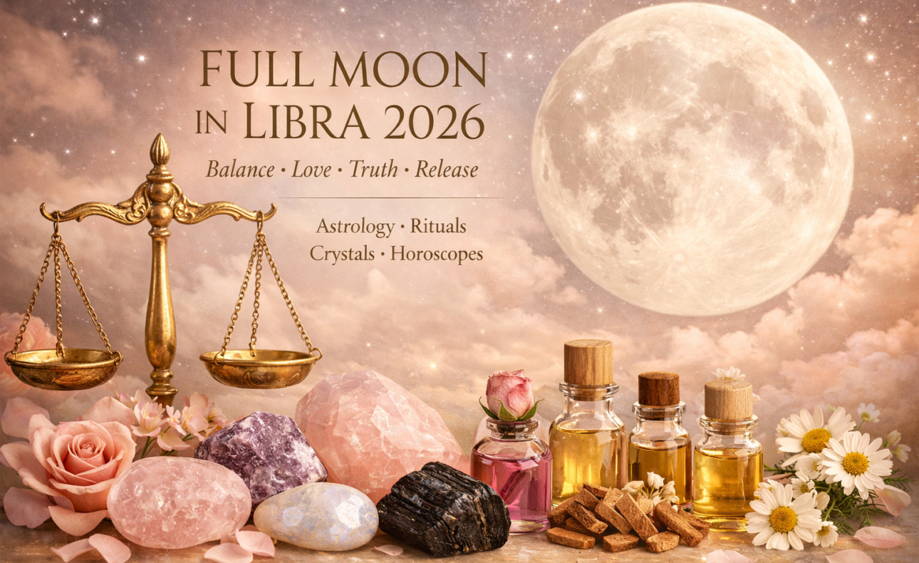 Full Moon in Libra April 2026 with crystals and essential oils