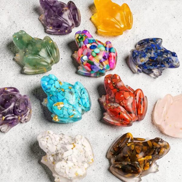 Handmade resin frog figurines with a range of crystal chips and gold flakes, glossy decorative toad ornament for home décor or spiritual display