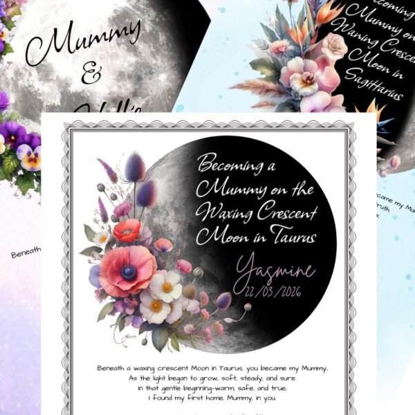 Custom moon phase and zodiac birth flowers with poem poster prints or digital download for mums