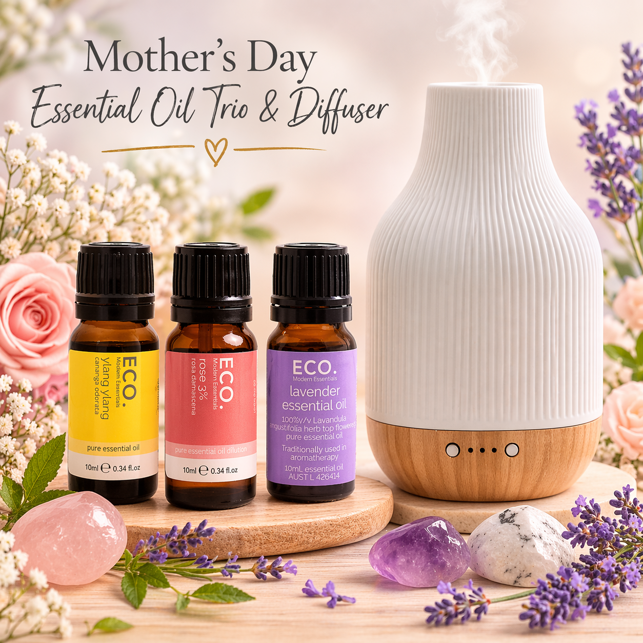 Mother’s Day essential oil trio with lavender rose and ylang ylang and optional coastal ultrasonic diffuser gift set With crystals