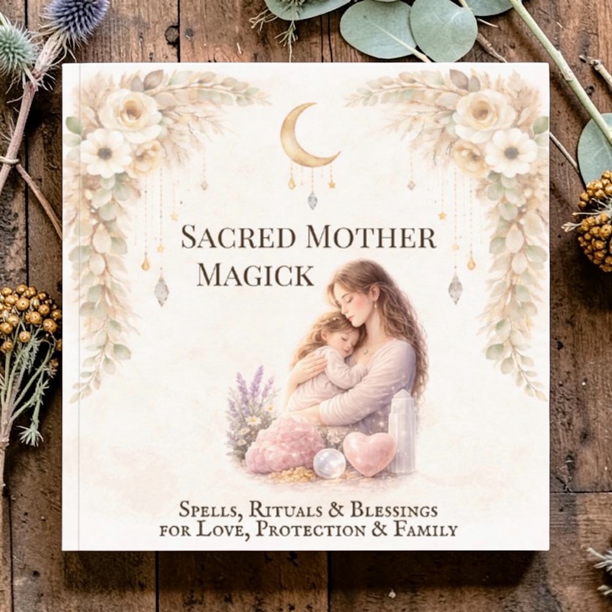 Sacred Mother Magick soft cover book by Kjahli 14x14cm featuring 30 rituals, spells and blessings for mothers with journal pages. Book is on a table with native Australian florals