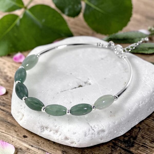 925 sterling silver bracelet with oval green jade beads on a white rock, Taurus, Virgo & Libra or heart chakra crystal jewellery, adjustable jade bracelet gift boxed