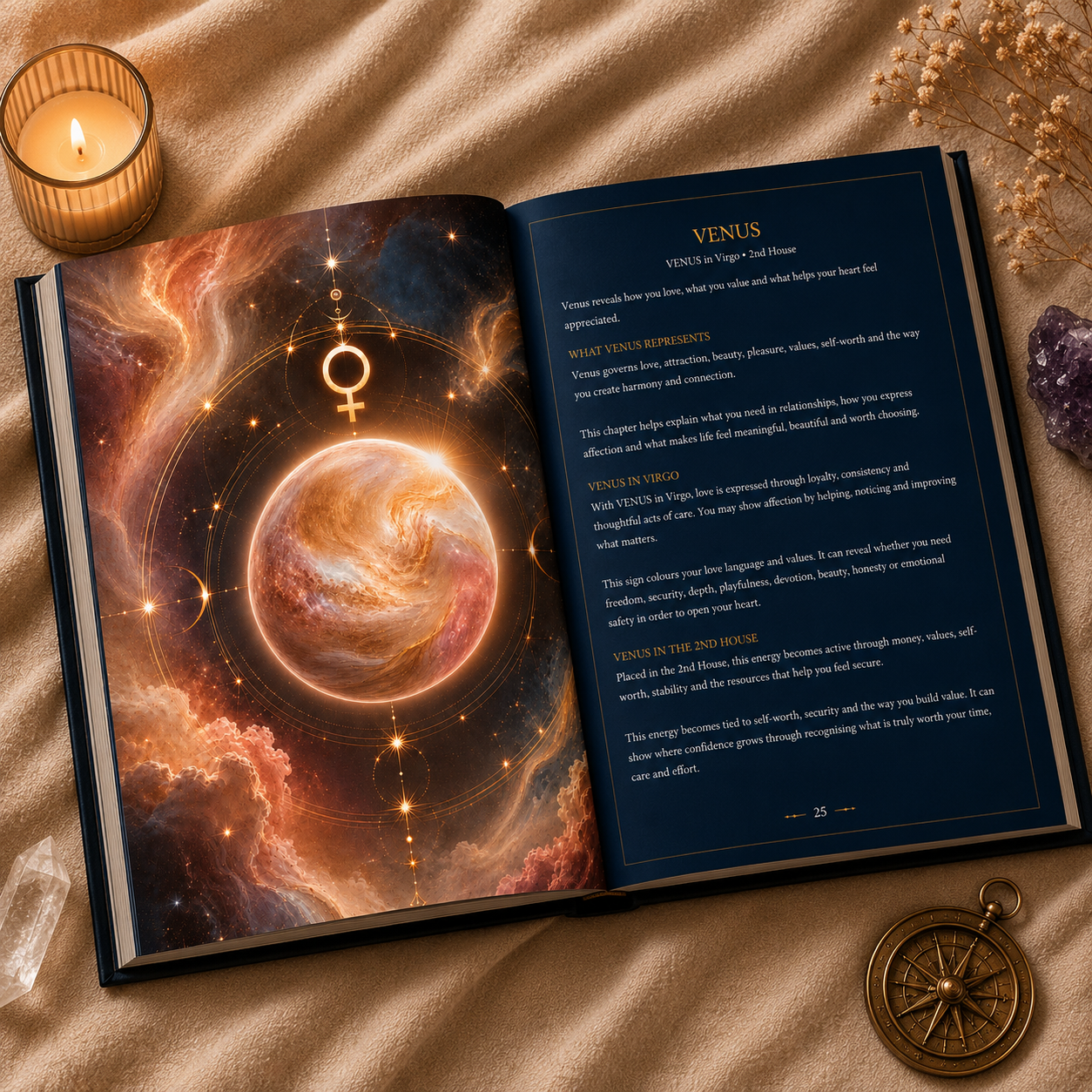 Cosmic-themed astrology book open page
