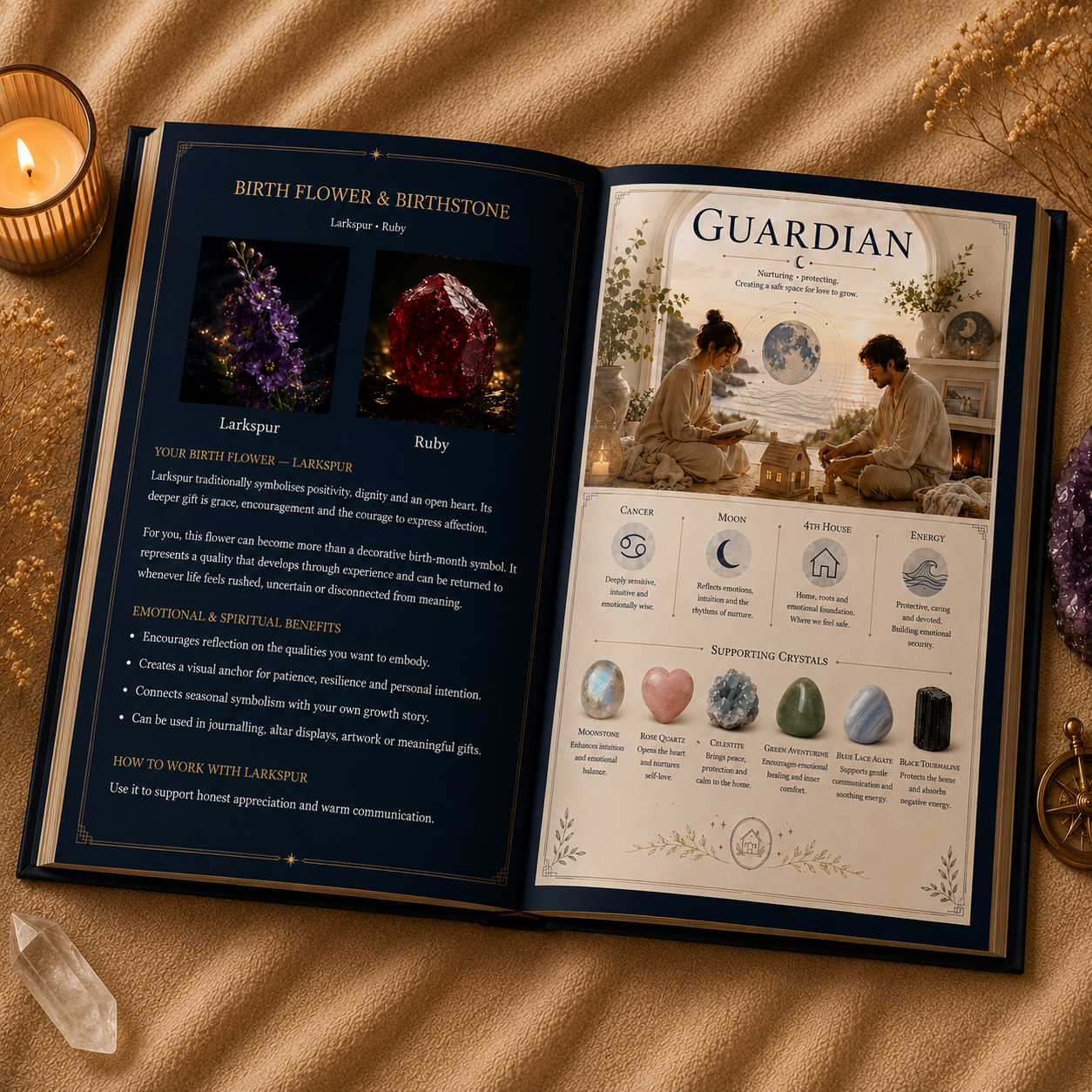 Open book about birth flowers and stones