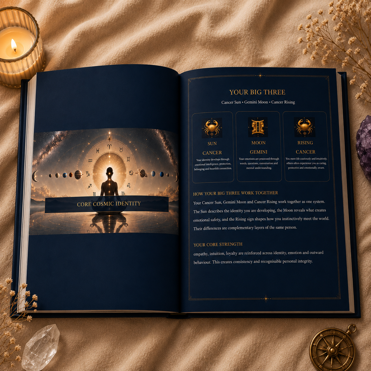Astrology book open on cosmic identity