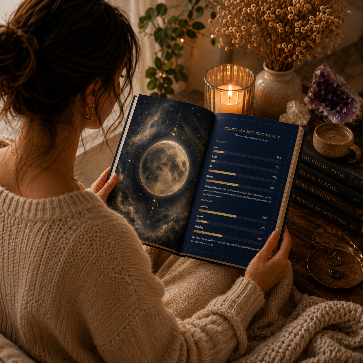 Person reading a mystical book.