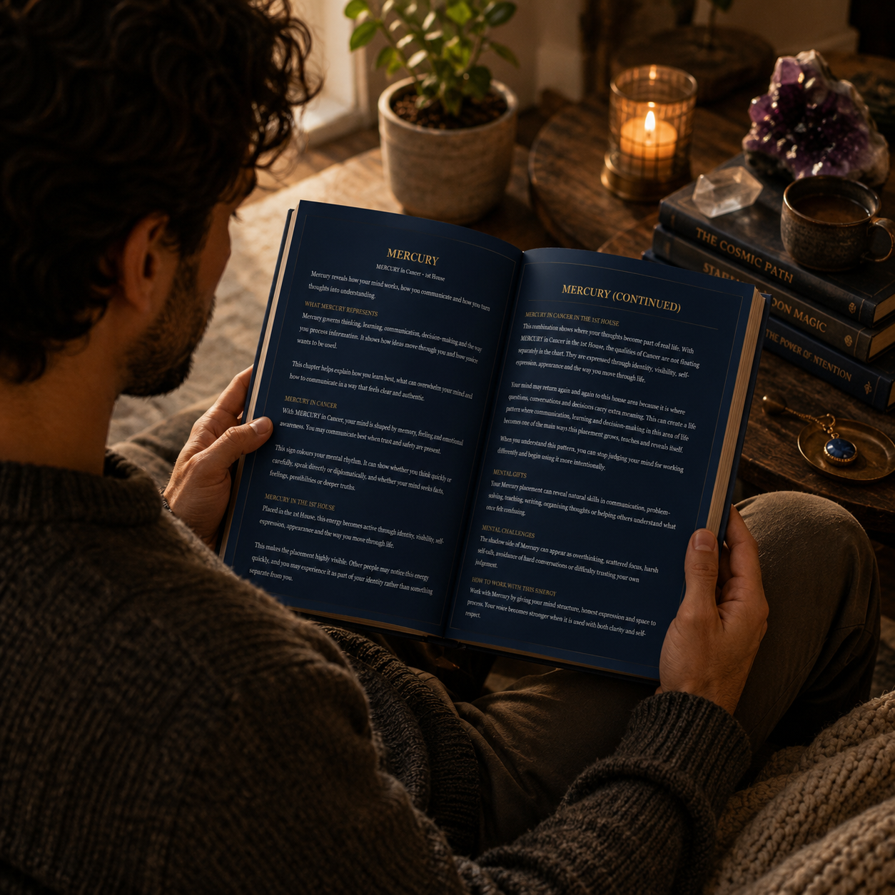 Person reading a book indoors.
