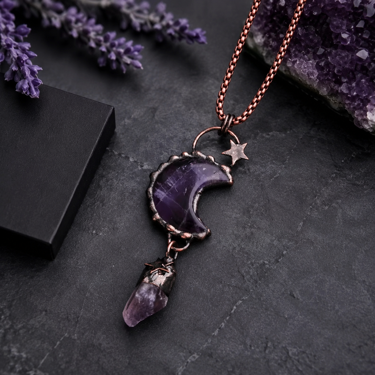 amethyst moon & star pendant necklace