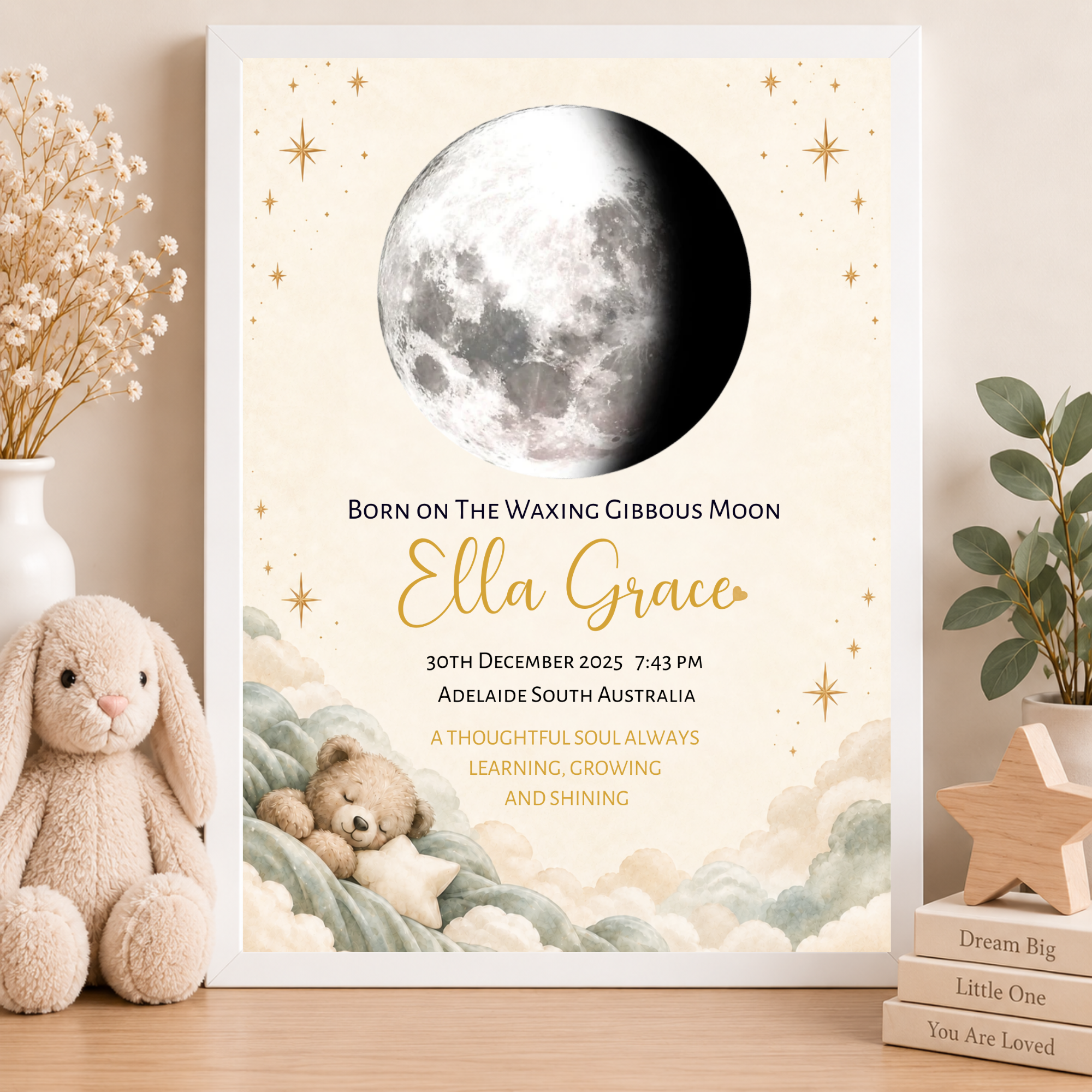 baby moon phase print sleeping teddy bear