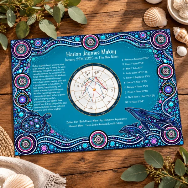 Personalised Aboriginal birth chart printable featuring ocean life art