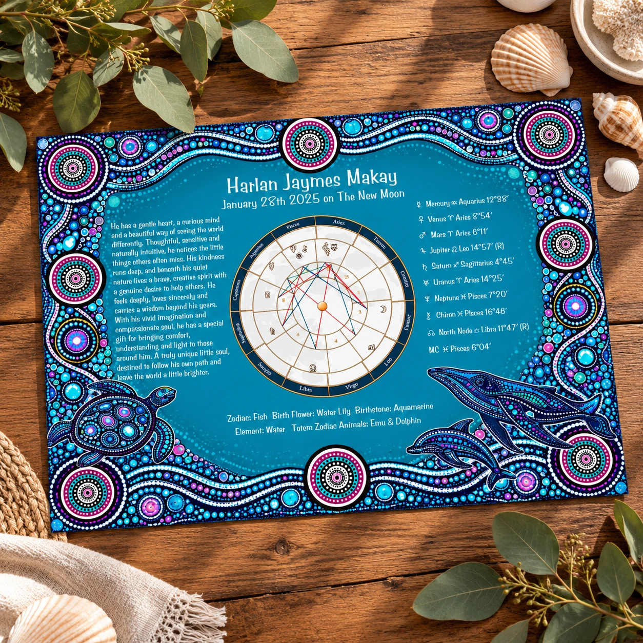 Personalised Aboriginal birth chart printable featuring ocean life art