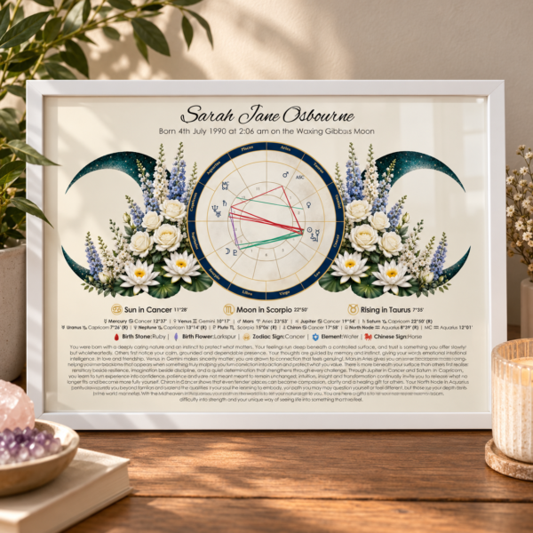 Cancer birth chart, triple moon with zodiac flowers and traits