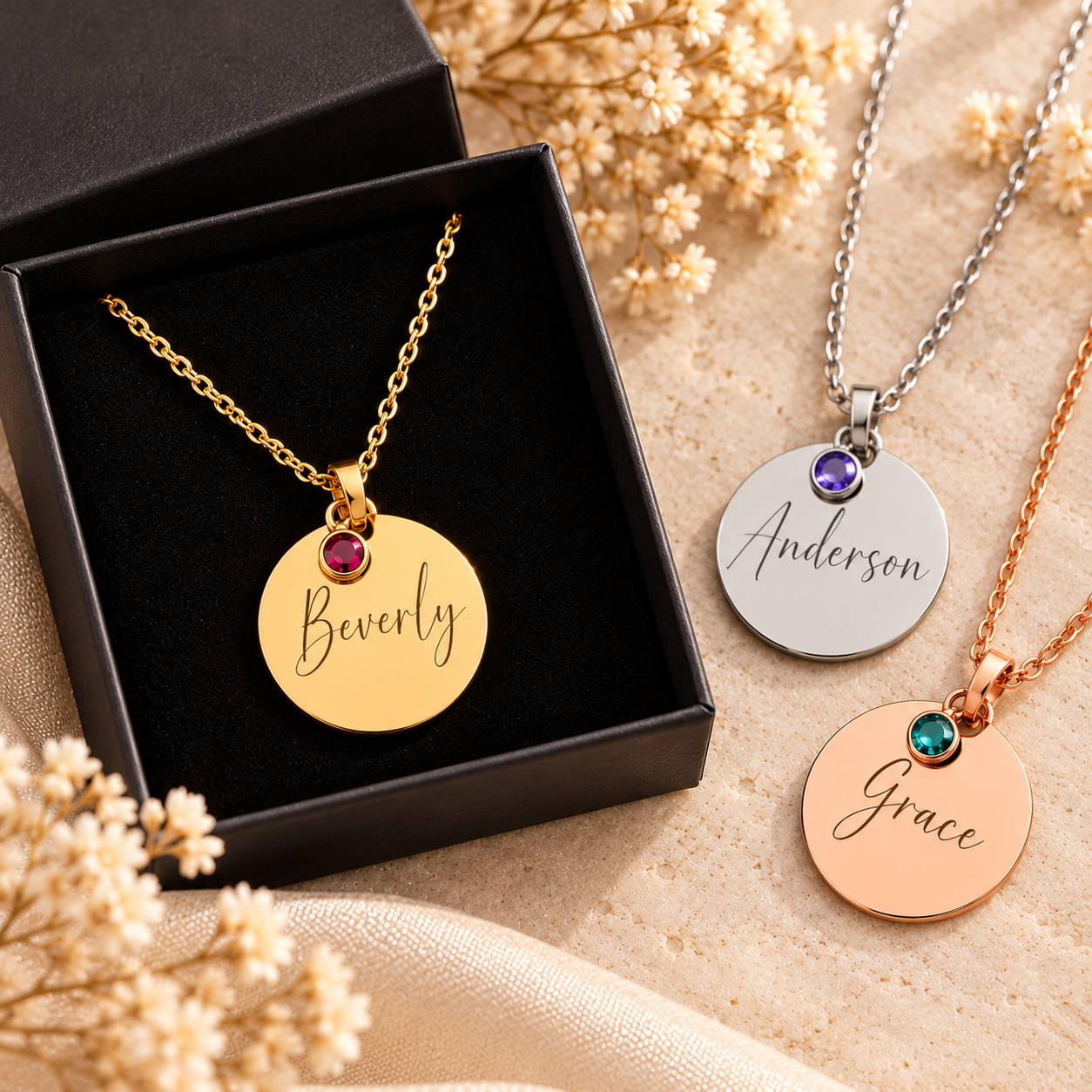 Personalised birthstone necklace. Gold, silver or rose gold personalised with name and birthstone