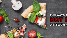 Fun Ways To Deliver Hot Pizza At Your Wedding Fresh pizza slices with vegetables and basil on dark background, perfect for catering and event food services.