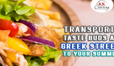 Fresh Greek street food wrap with vegetables and grilled chicken for summer parties, catering, and events.