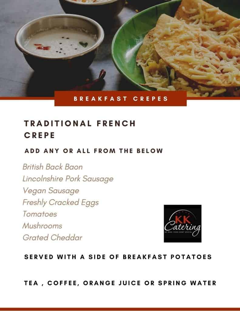 Breakfast crepe menu from KK Catering.