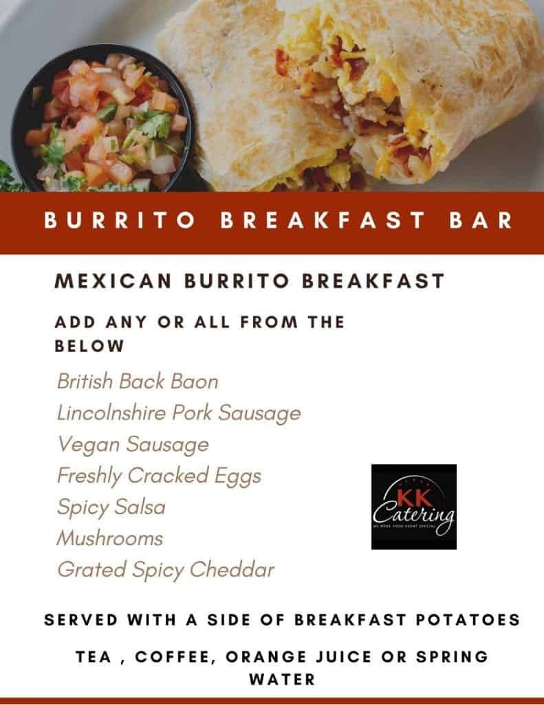 Mexican breakfast burrito bar menu from KK Catering.