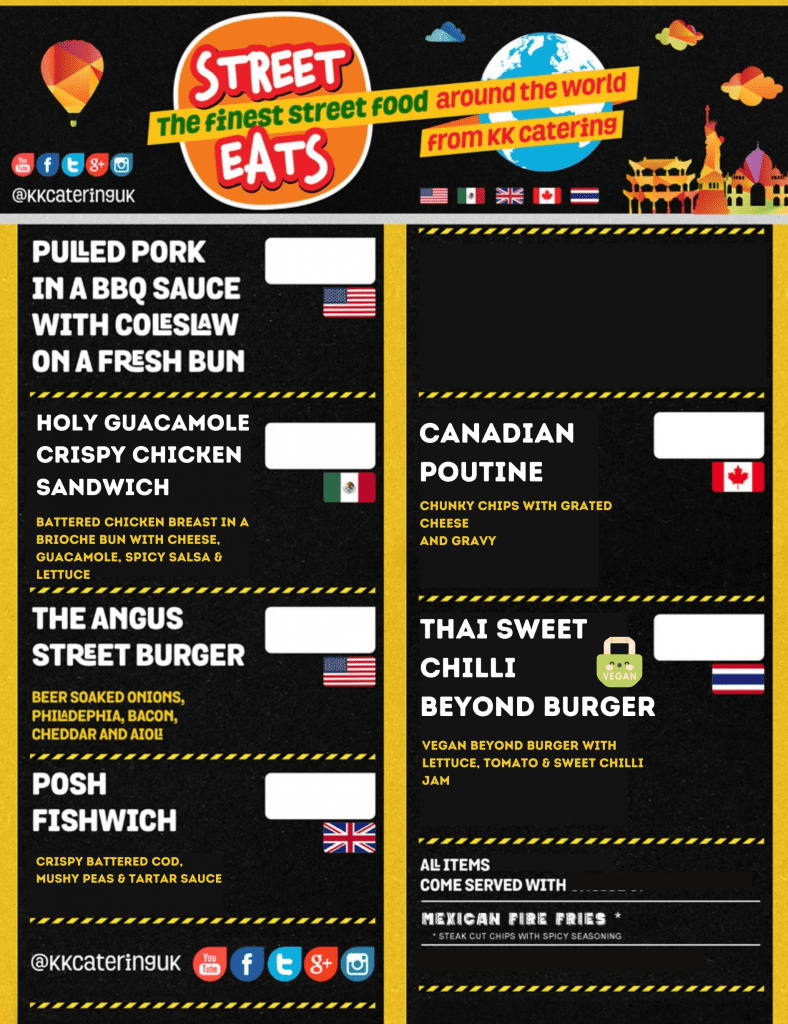 Worldwide Street Eats menu from KK Catering.