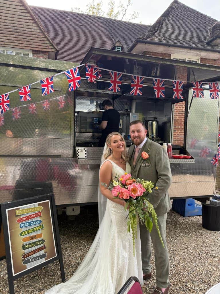 bride and groom at fish and chip van