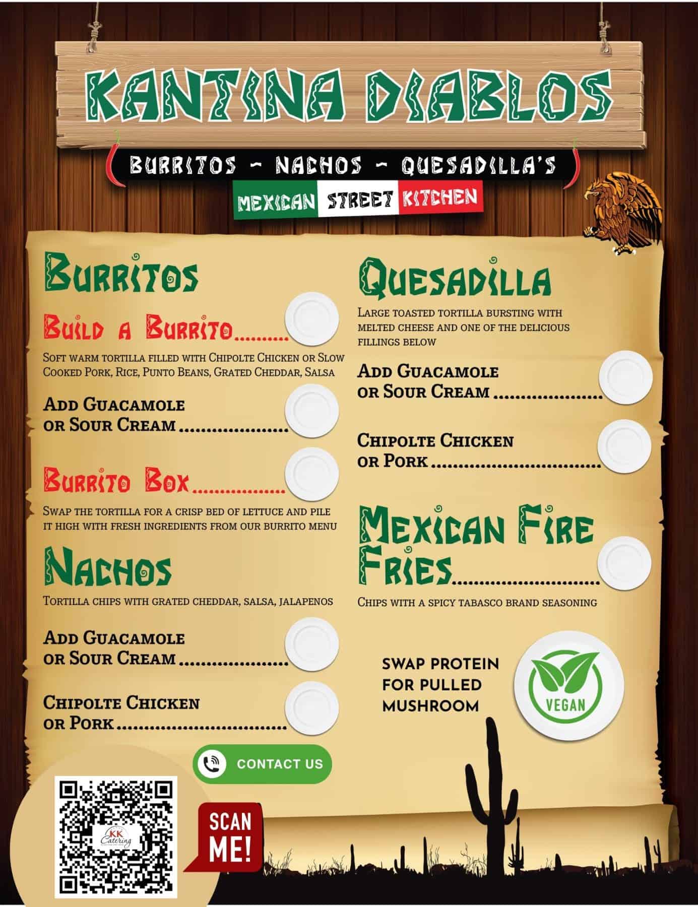 Mexican burrito bar menu from KK Catering.