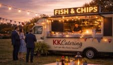 Fresh fish and chips mobile food truck at sunset, popular catering option for events and parties in the UK.