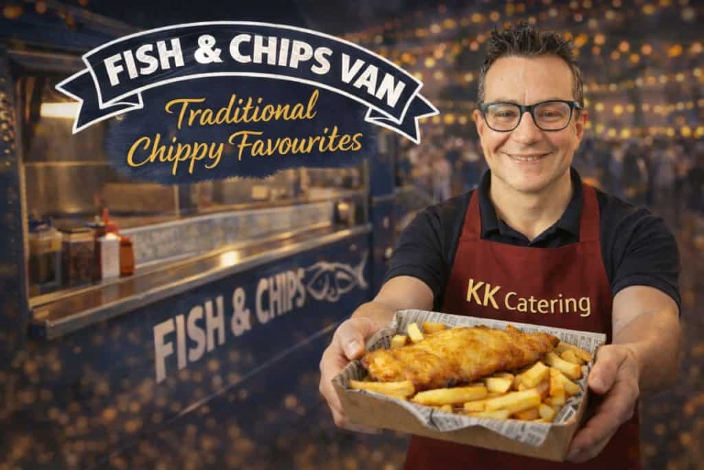 Fresh fish and chips served in a paper tray at KK Catering