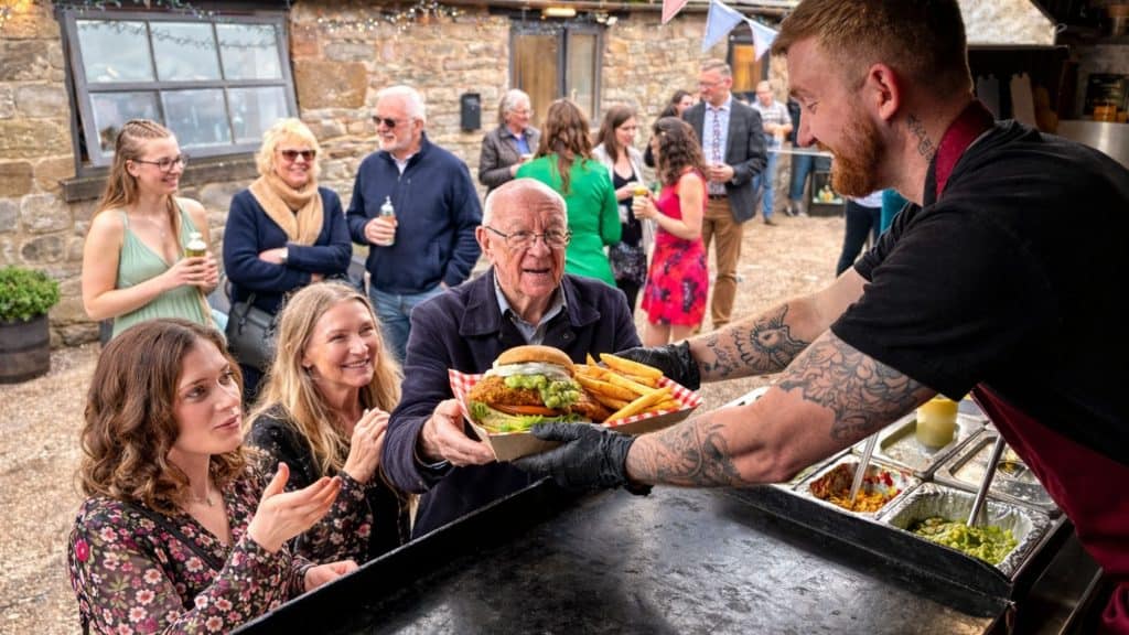 kk chef serving wedding guests at an event from a mobile catering
van