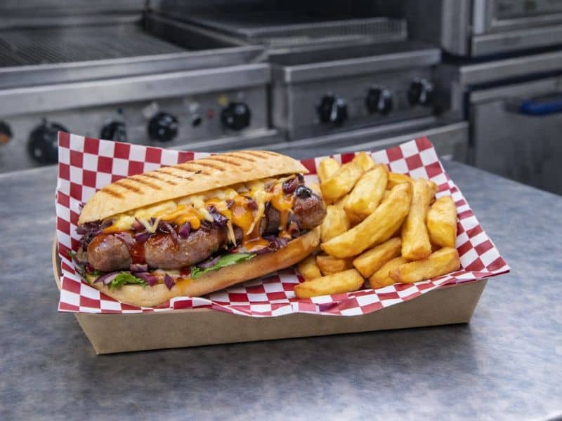 Cumberland sausage panini with chips from KK Catering gourmet burger van.