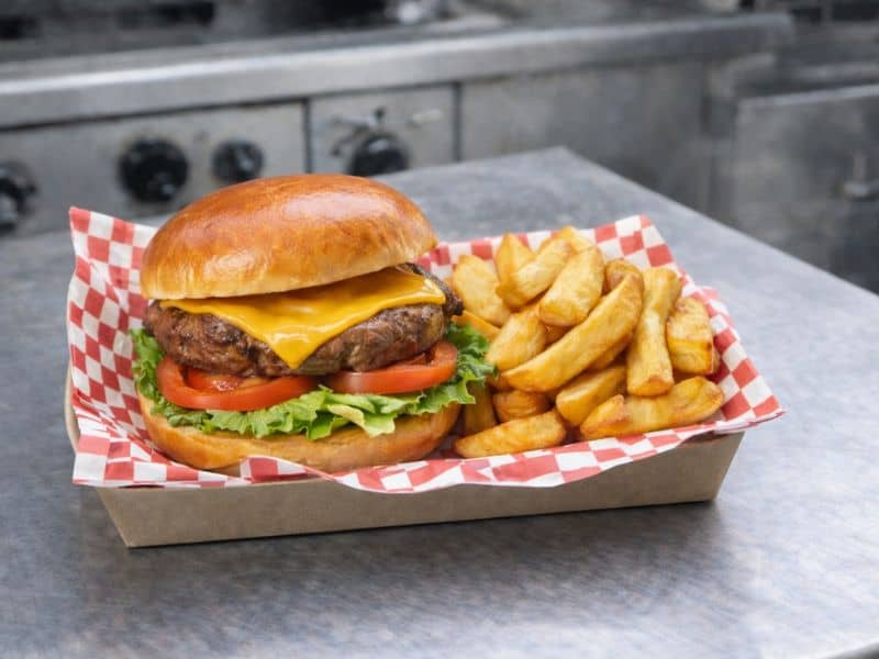 Classic beef burger and chunky chips from KK Catering burger van hire.