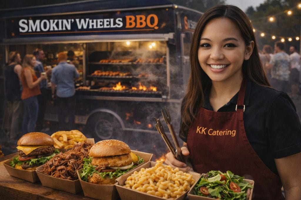 Outdoor food truck serving BBQ and grilled dishes at event with
smiling staff