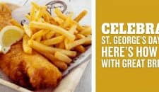 Classic British fish and chips served with sides and condiments.