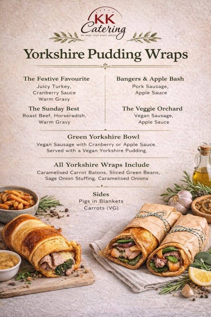 Yorkshire pudding wrap menu from KK Catering.