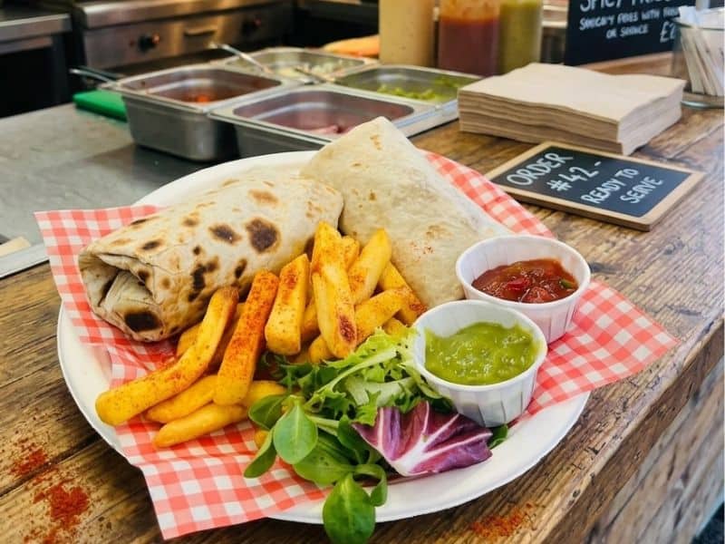 Chipotle chicken burrito with fries from Kantina Diablos, KK Catering Mexican street food van.