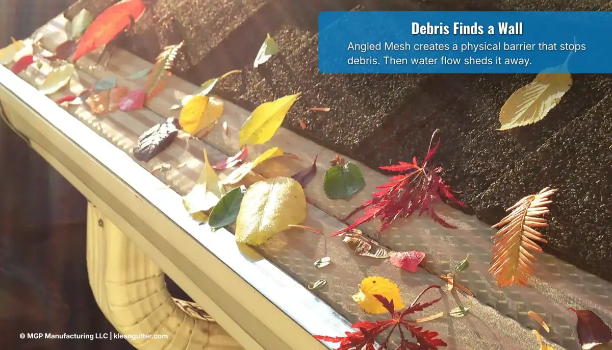 Klean Gutter Leaf Guard prevents debris buildup in gutters with angled mesh design.